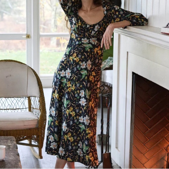 NWT Doen Guinevere Silk Ruched V Neck Long Sleeve Bias Midi Dress Sweet Anemone - Picture 2 of 15